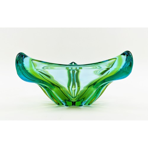 180 - A MURANO STYLE GLASS FRUIT BOWL, of pentagonal form, in yellow and green colourway, 10cm high, 26cm ... 