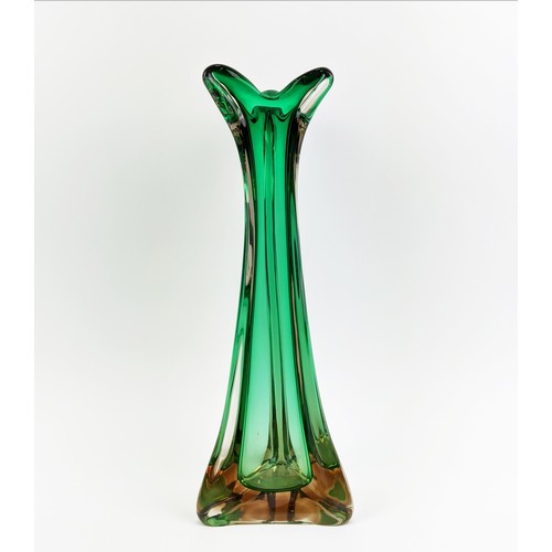 181 - A MURANO GLASS VASE, 20th Century, of waisted triform design, flared top, green and amber colourway,... 