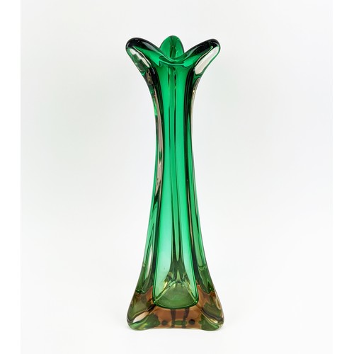 181 - A MURANO GLASS VASE, 20th Century, of waisted triform design, flared top, green and amber colourway,... 