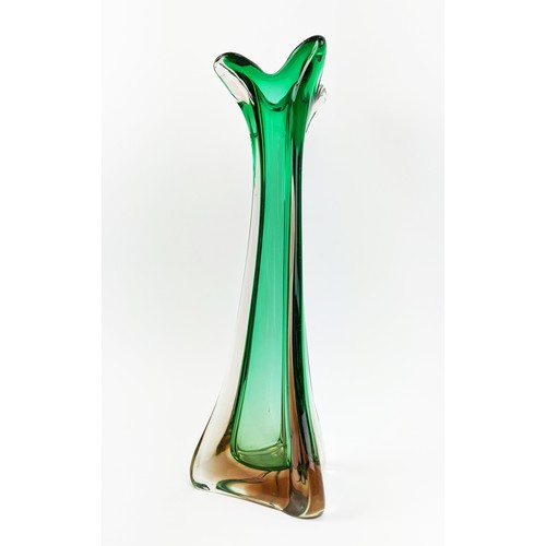 181 - A MURANO GLASS VASE, 20th Century, of waisted triform design, flared top, green and amber colourway,... 