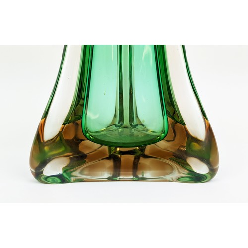 181 - A MURANO GLASS VASE, 20th Century, of waisted triform design, flared top, green and amber colourway,... 