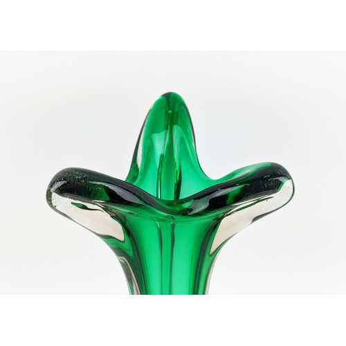 181 - A MURANO GLASS VASE, 20th Century, of waisted triform design, flared top, green and amber colourway,... 