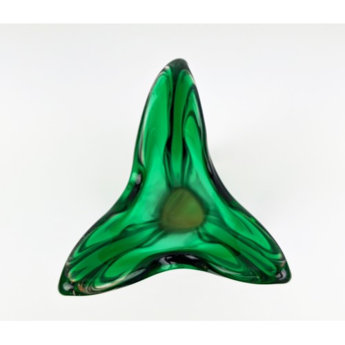 181 - A MURANO GLASS VASE, 20th Century, of waisted triform design, flared top, green and amber colourway,... 