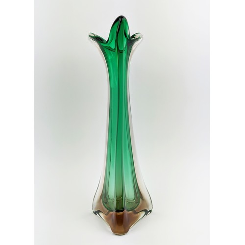 181 - A MURANO GLASS VASE, 20th Century, of waisted triform design, flared top, green and amber colourway,... 