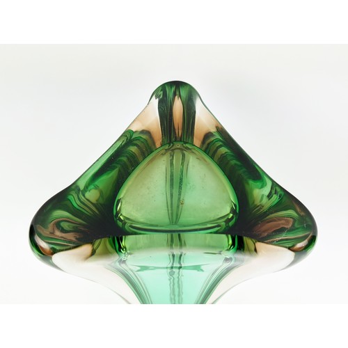 181 - A MURANO GLASS VASE, 20th Century, of waisted triform design, flared top, green and amber colourway,... 