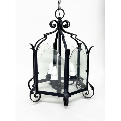 260 - HALL LANTERN, Italian style hexagonal wrought iron and glazed with three branch fitting, 46cm W x 63... 