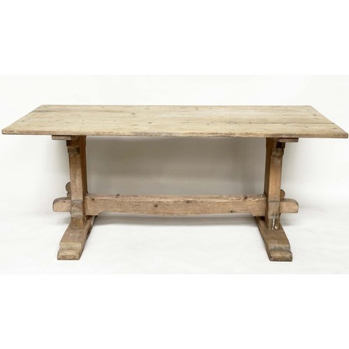 265 - TRESTLE DINING TABLE, rectangular planked pine raised upon trestle supports with stretcher, 182cm x ... 