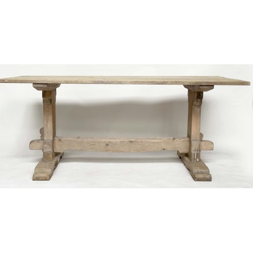 265 - TRESTLE DINING TABLE, rectangular planked pine raised upon trestle supports with stretcher, 182cm x ... 