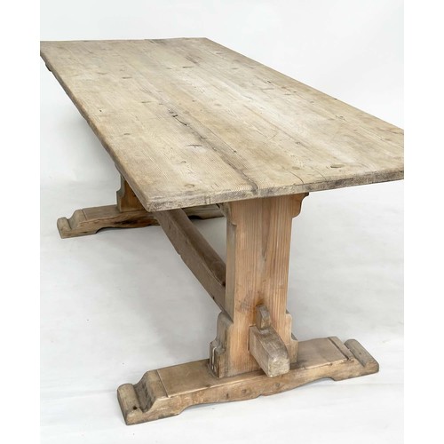 265 - TRESTLE DINING TABLE, rectangular planked pine raised upon trestle supports with stretcher, 182cm x ... 