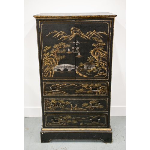 267 - SIDE CABINET, black Chinoiserie decorated of two doors above three drawers, 120cm H x 66cm x 41cm.