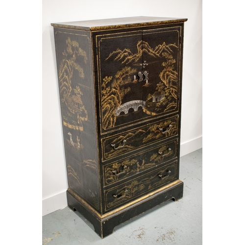 267 - SIDE CABINET, black Chinoiserie decorated of two doors above three drawers, 120cm H x 66cm x 41cm.