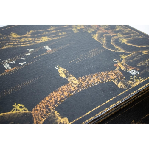 267 - SIDE CABINET, black Chinoiserie decorated of two doors above three drawers, 120cm H x 66cm x 41cm.