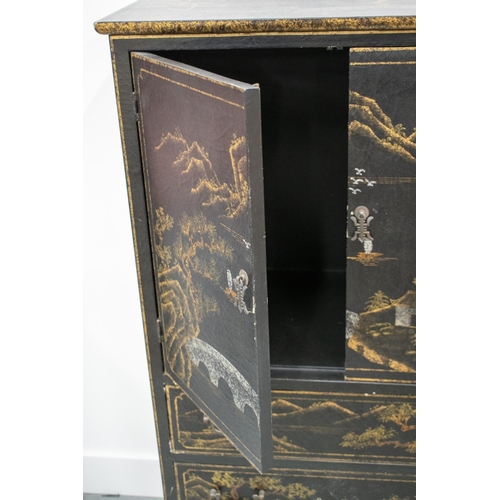 267 - SIDE CABINET, black Chinoiserie decorated of two doors above three drawers, 120cm H x 66cm x 41cm.