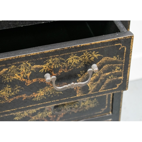 267 - SIDE CABINET, black Chinoiserie decorated of two doors above three drawers, 120cm H x 66cm x 41cm.