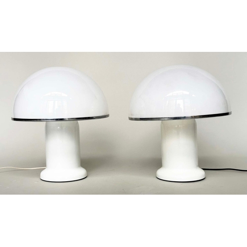 388 - MUSHROOM LAMPS, a pair, opaque plexiglass shade and white body, 43cm H. (2)