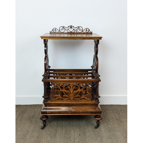 171 - CANTERBURY WHATNOT, mid Victorian burr walnut with fretwork and single drawer, 56cm x 105cm H x 41cm... 