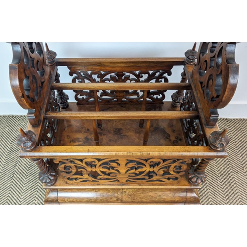 171 - CANTERBURY WHATNOT, mid Victorian burr walnut with fretwork and single drawer, 56cm x 105cm H x 41cm... 