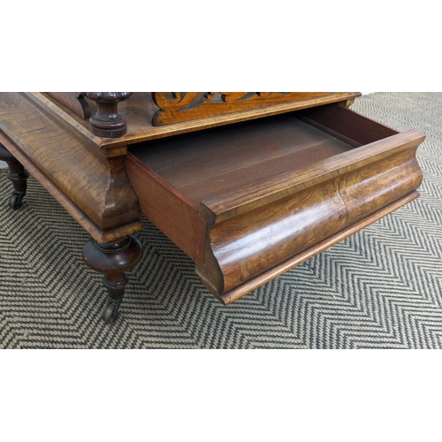 171 - CANTERBURY WHATNOT, mid Victorian burr walnut with fretwork and single drawer, 56cm x 105cm H x 41cm... 