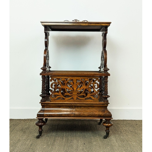 171 - CANTERBURY WHATNOT, mid Victorian burr walnut with fretwork and single drawer, 56cm x 105cm H x 41cm... 