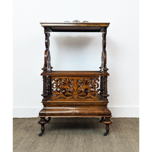 171 - CANTERBURY WHATNOT, mid Victorian burr walnut with fretwork and single drawer, 56cm x 105cm H x 41cm... 