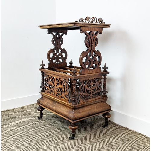 171 - CANTERBURY WHATNOT, mid Victorian burr walnut with fretwork and single drawer, 56cm x 105cm H x 41cm... 