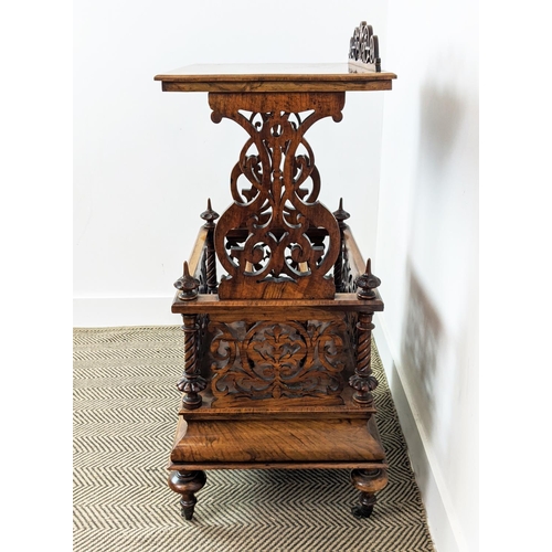 171 - CANTERBURY WHATNOT, mid Victorian burr walnut with fretwork and single drawer, 56cm x 105cm H x 41cm... 