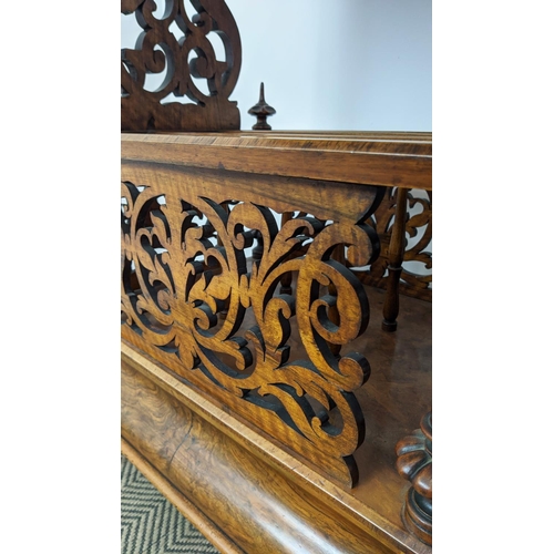 171 - CANTERBURY WHATNOT, mid Victorian burr walnut with fretwork and single drawer, 56cm x 105cm H x 41cm... 