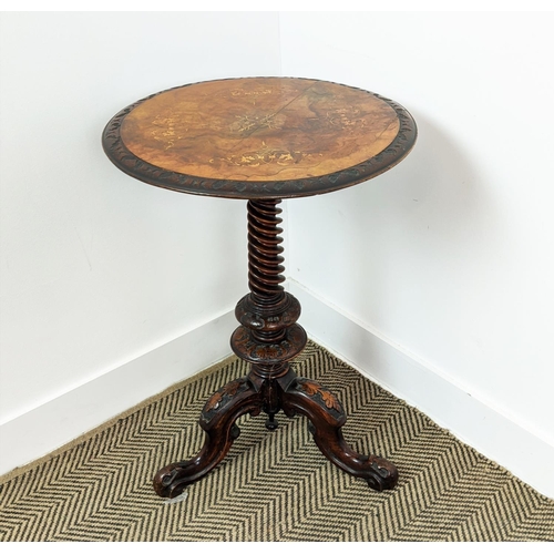 174 - LAMP TABLE, mid Victorian burr walnut and walnut with inlaid circular top on carved spiral column an... 