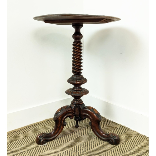 174 - LAMP TABLE, mid Victorian burr walnut and walnut with inlaid circular top on carved spiral column an... 