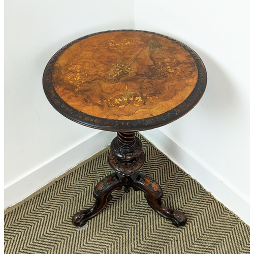 174 - LAMP TABLE, mid Victorian burr walnut and walnut with inlaid circular top on carved spiral column an... 