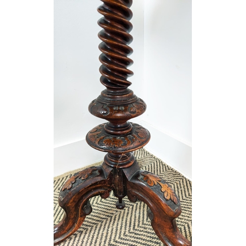 174 - LAMP TABLE, mid Victorian burr walnut and walnut with inlaid circular top on carved spiral column an... 