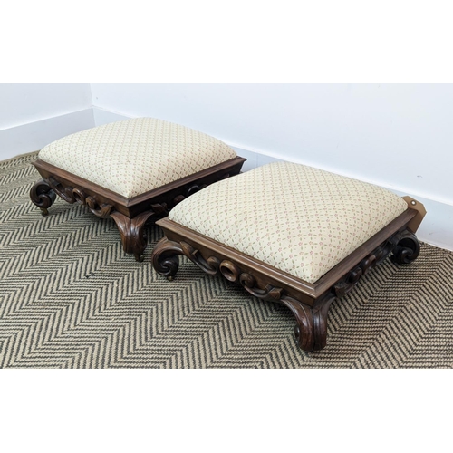 175 - FOOTSTOOLS, a pair, early Victorian rosewood with carved bases, on brass castors, each 46cm W x 46cm... 