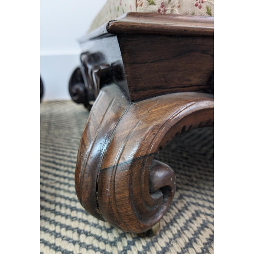 175 - FOOTSTOOLS, a pair, early Victorian rosewood with carved bases, on brass castors, each 46cm W x 46cm... 