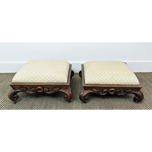 175 - FOOTSTOOLS, a pair, early Victorian rosewood with carved bases, on brass castors, each 46cm W x 46cm... 