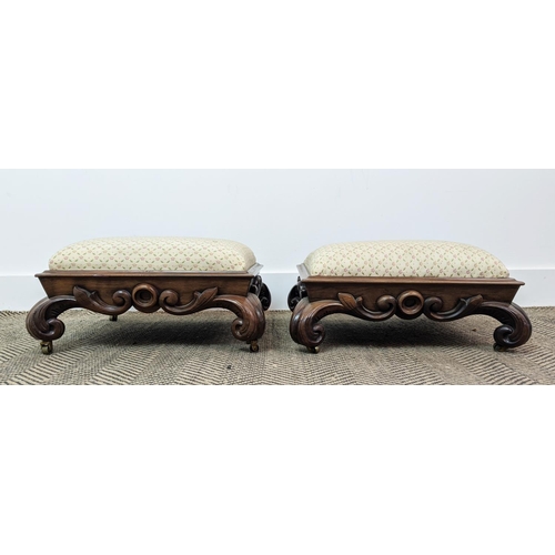 175 - FOOTSTOOLS, a pair, early Victorian rosewood with carved bases, on brass castors, each 46cm W x 46cm... 