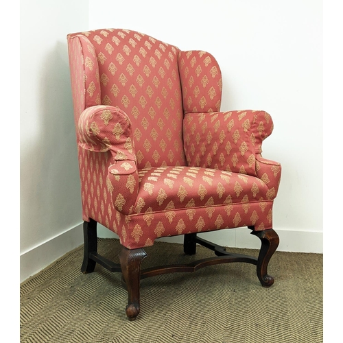 176 - WING ARMCHAIR, Georgian style oak with patterned upholstery, 118cm H x 89cm.