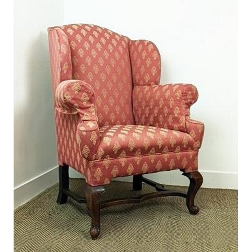 176 - WING ARMCHAIR, Georgian style oak with patterned upholstery, 118cm H x 89cm.