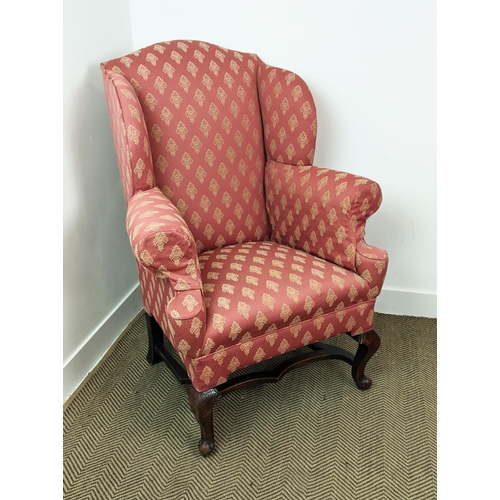 176 - WING ARMCHAIR, Georgian style oak with patterned upholstery, 118cm H x 89cm.