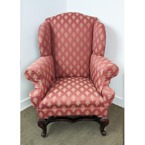 176 - WING ARMCHAIR, Georgian style oak with patterned upholstery, 118cm H x 89cm.