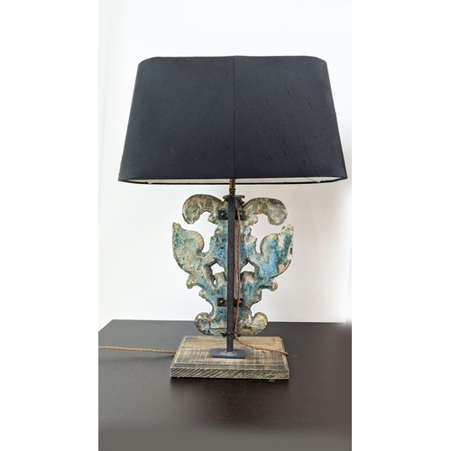 180 - TABLE LAMPS, a pair, carved giltwood bases with black shades, each 64cm tall overall including shade... 