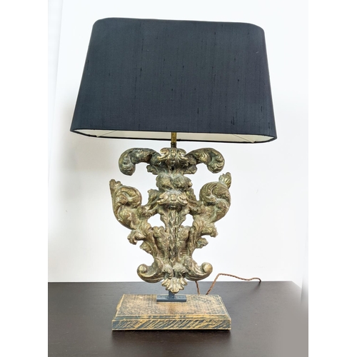 180 - TABLE LAMPS, a pair, carved giltwood bases with black shades, each 64cm tall overall including shade... 