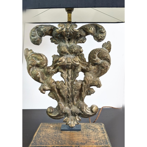 180 - TABLE LAMPS, a pair, carved giltwood bases with black shades, each 64cm tall overall including shade... 