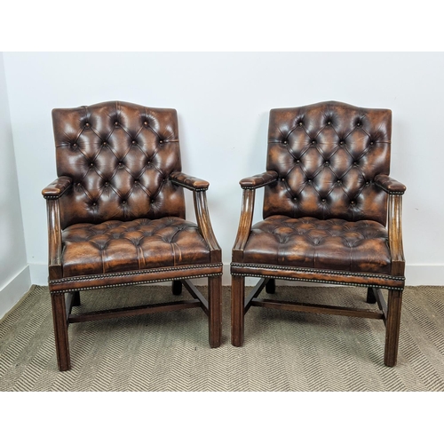 185 - GAINSBOROUGH STYLE CHAIRS, a pair, in buttoned leather with mahogany showframe, each 64cm W x 96cm. ... 