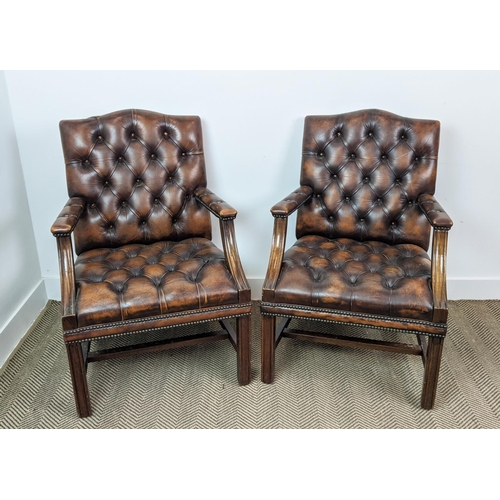 185 - GAINSBOROUGH STYLE CHAIRS, a pair, in buttoned leather with mahogany showframe, each 64cm W x 96cm. ... 