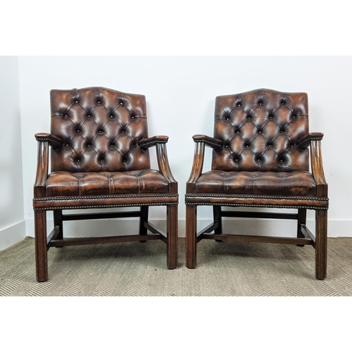 185 - GAINSBOROUGH STYLE CHAIRS, a pair, in buttoned leather with mahogany showframe, each 64cm W x 96cm. ... 