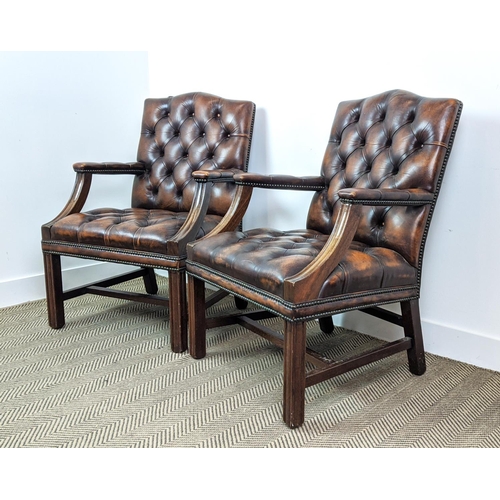 185 - GAINSBOROUGH STYLE CHAIRS, a pair, in buttoned leather with mahogany showframe, each 64cm W x 96cm. ... 