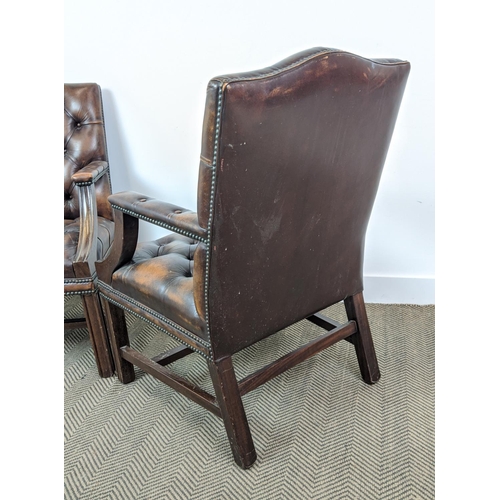 185 - GAINSBOROUGH STYLE CHAIRS, a pair, in buttoned leather with mahogany showframe, each 64cm W x 96cm. ... 