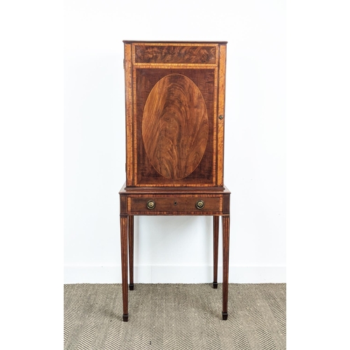 188 - CABINET ON STAND, circa 1790, George III mahogany and satinwood with crossbanded detail, the upper s... 