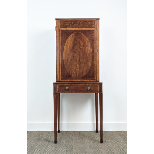 188 - CABINET ON STAND, circa 1790, George III mahogany and satinwood with crossbanded detail, the upper s... 