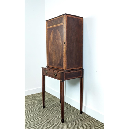 188 - CABINET ON STAND, circa 1790, George III mahogany and satinwood with crossbanded detail, the upper s... 